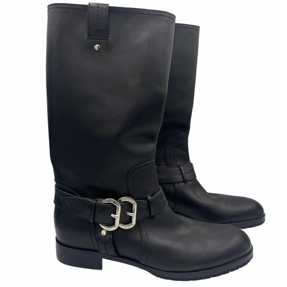 DIOR Black Leather Tall Moto Boots with Silver Designer Logo Buckles - Picture 2 of 10